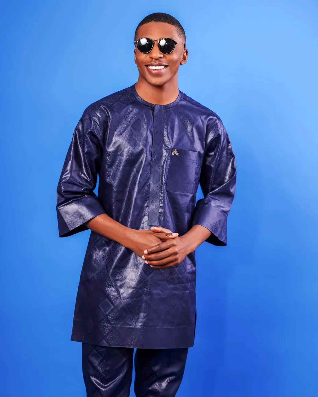 A Midnight Blue, Front Flap, 3/4 Sleeve African Senator Kaftan Native.