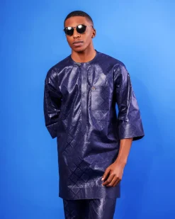 A Midnight Blue, Front Flap, 3/4 Sleeve African Senator Kaftan Native.