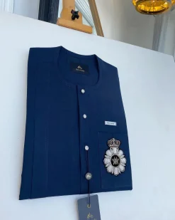 A Midnight Blue, Front Flap With Clear View Swarovski Buttons African Traditional Senator Kaftan.