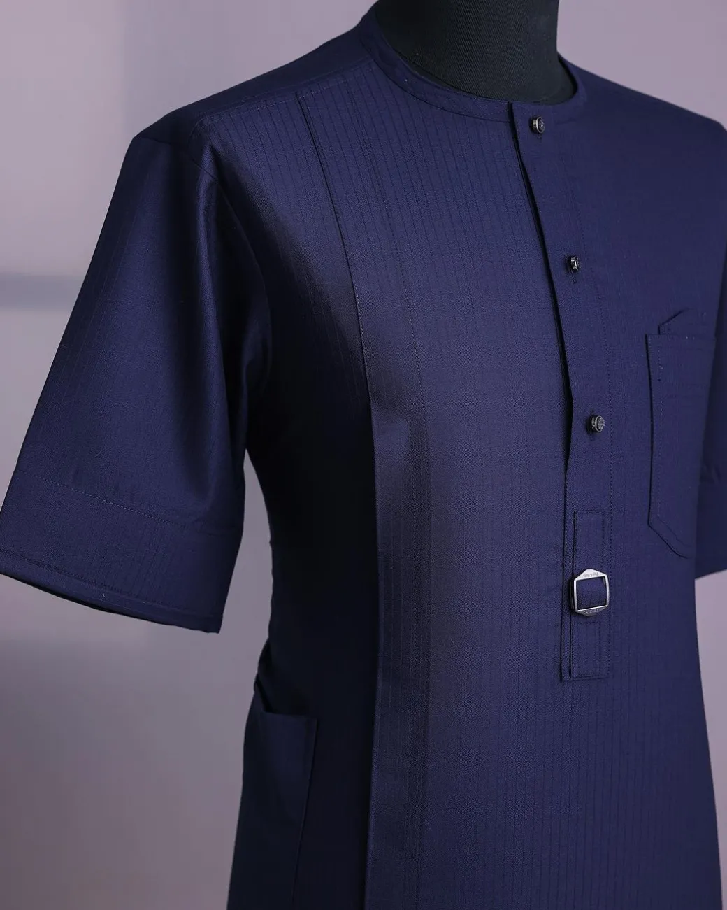 A Midnight blue, invisible pencil stripe, jorgecarli, front flap with button, 3/4-sleeve African senator kaftan native