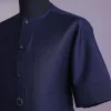 A Midnight Blue Invisible Pencil Stripe, Nobility, Front Flap With Button 3/4 Sleeve African Senator Kaftan Native