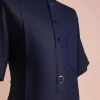 A Midnight Blue, Invisible Herringbone Stripe, Jorgecarli, Front Flap with Black Swarovski Button, 3/4 Sleeve African Senator Kaftan Native.