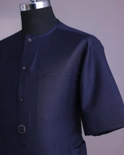 A Midnight Blue Invisible Pencil Stripe, Nobility, Front Flap With Button 3/4 Sleeve African Senator Kaftan Native