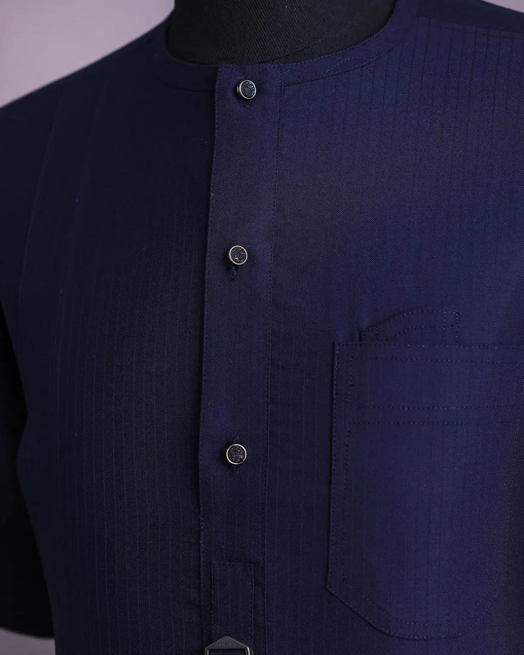 A Midnight blue, invisible pencil stripe, jorgecarli, front flap with button, 3/4-sleeve African senator kaftan native