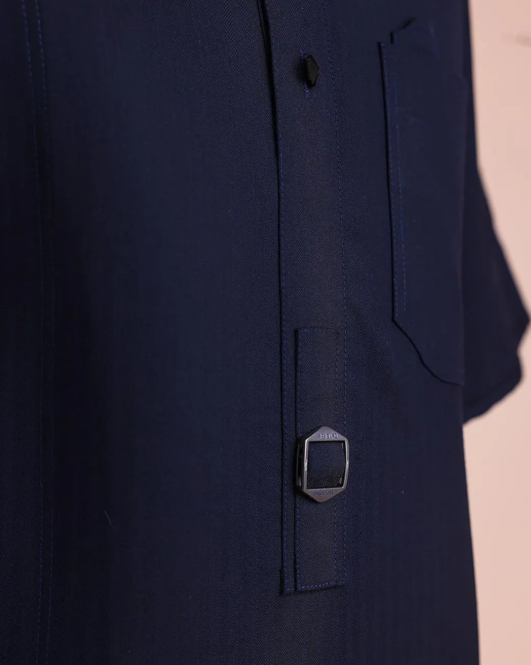 A Midnight Blue, Invisible Herringbone Stripe, Jorgecarli, Front Flap with Black Swarovski Button, 3/4 Sleeve African Senator Kaftan Native.