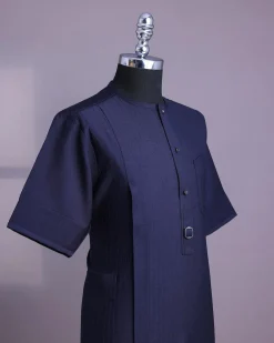 A Midnight Blue Invisible Pencil Stripe, Nobility, Front Flap With Button 3/4 Sleeve African Senator Kaftan Native
