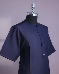 A Midnight Blue Invisible Pencil Stripe, Nobility, Front Flap With Button 3/4 Sleeve African Senator Kaftan Native
