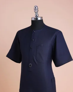 A Midnight Blue, Invisible Herringbone Stripe, Jorgecarli, Front Flap with Black Swarovski Button, 3/4 Sleeve African Senator Kaftan Native.