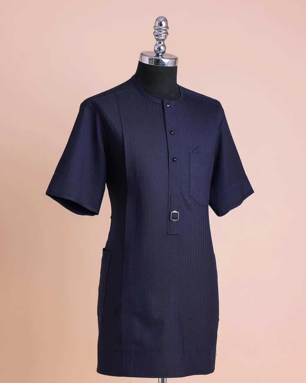 A Midnight Blue, Invisible Herringbone Stripe, Jorgecarli, Front Flap with Black Swarovski Button, 3/4 Sleeve African Senator Kaftan Native.