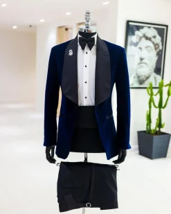 A Midnight Blue, Knitted, Shawl Lapel Tuxedo Suit