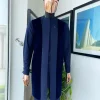 A midnight blue long sleeve kaftan, matching soaked Italian velvet kimono jacket, hat and sokoto African traditional senator kaftan native.