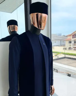 A midnight blue long sleeve kaftan, matching soaked Italian velvet kimono jacket, hat and sokoto African traditional senator kaftan native.