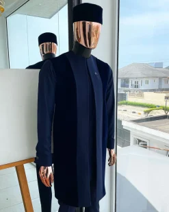 A midnight blue long sleeve kaftan, matching soaked Italian velvet kimono jacket, hat and sokoto African traditional senator kaftan native.