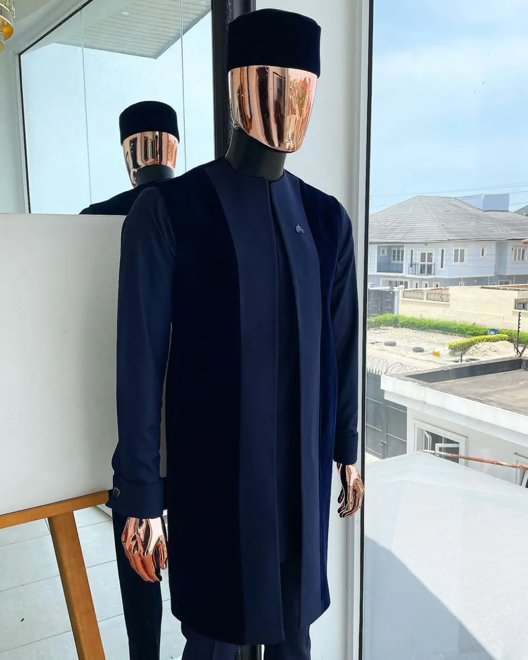 A midnight blue long sleeve kaftan, matching soaked Italian velvet kimono jacket, hat and sokoto African traditional senator kaftan native.