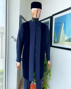 A midnight blue long sleeve kaftan, matching soaked Italian velvet kimono jacket, hat and sokoto African traditional senator kaftan native.