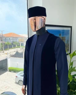 A midnight blue long sleeve kaftan, matching soaked Italian velvet kimono jacket, hat and sokoto African traditional senator kaftan native.