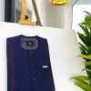 A midnight blue, red pencil stripe, clear view lipstick, red buttons, and horizontal embroidery details African traditional senator Kaftan native