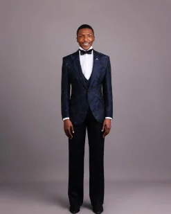 A Midnight Blue, Root and Splashed Plant Print Jacquard Peak Lapel Suit