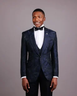 A Midnight Blue, Root and Splashed Plant Print Jacquard Peak Lapel Suit