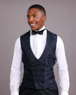 A Midnight Blue, Root and Splashed Plant Print Jacquard Peak Lapel Suit