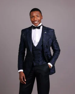 A Midnight Blue, Root and Splashed Plant Print Jacquard Peak Lapel Suit