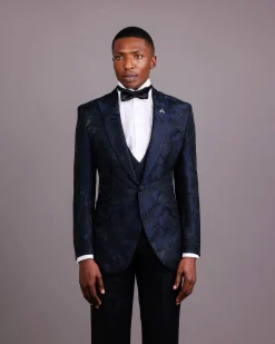 A Midnight Blue, Root and Splashed Plant Print Jacquard Peak Lapel Suit
