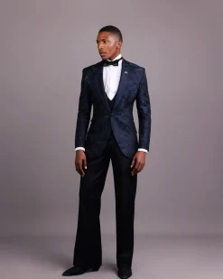 A Midnight Blue, Root and Splashed Plant Print Jacquard Peak Lapel Suit