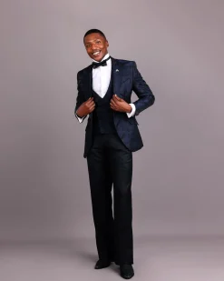 A Midnight Blue, Root and Splashed Plant Print Jacquard Peak Lapel Suit