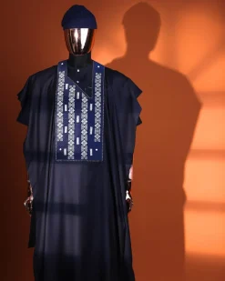 A Midnight blue, shattered interwoven embroidery with Swarovski stones details Agbada