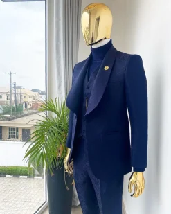 A Midnight Blue Shawl Lapel Floral Jacquard Tuxedo Suit