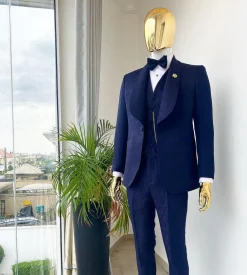 A Midnight Blue Shawl Lapel Floral Jacquard Tuxedo Suit