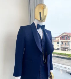 A Midnight Blue Shawl Lapel Floral Jacquard Tuxedo Suit