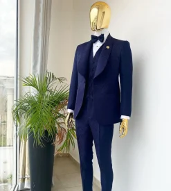 A Midnight Blue Shawl Lapel Floral Jacquard Tuxedo Suit