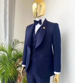 A Midnight Blue Shawl Lapel Floral Jacquard Tuxedo Suit