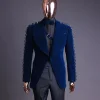 A Midnight Blue, soaked velvet fabric, knitted, wide peak lapel tuxedo suit