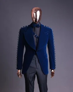 A Midnight Blue, soaked velvet fabric, knitted, wide peak lapel tuxedo suit