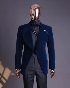 A Midnight Blue, Soaked Velvet Fabric, Knitted, Wide Peak Lapel Tuxedo Suit.