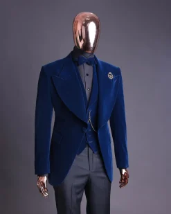 A Midnight Blue, soaked velvet fabric, knitted, wide peak lapel tuxedo suit