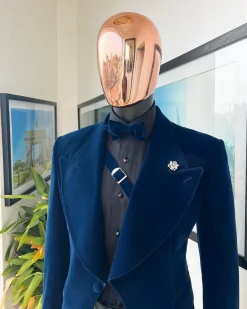 A Midnight Blue, Soaked Velvet Fabric, Knitted, Wide Peak Lapel Tuxedo Suit.