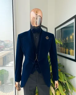 A Midnight Blue, soaked velvet fabric, knitted, wide peak lapel tuxedo suit