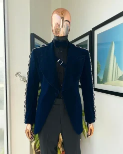 A Midnight Blue, soaked velvet fabric, knitted, wide peak lapel tuxedo suit