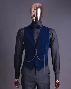 A Midnight Blue, soaked velvet fabric, knitted, wide peak lapel tuxedo suit