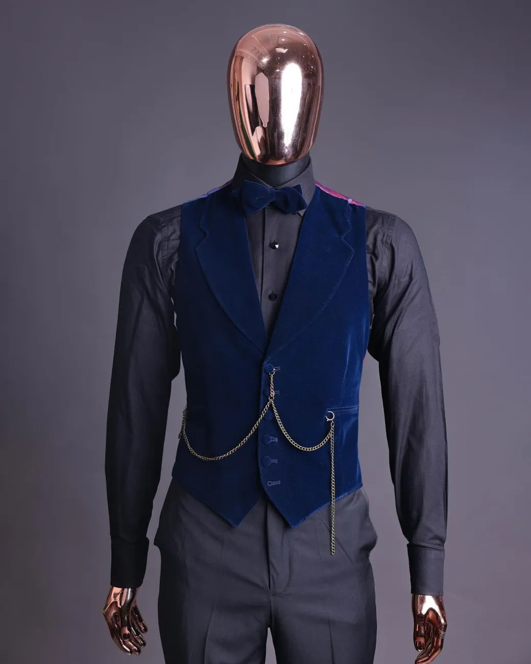 A Midnight Blue, soaked velvet fabric, knitted, wide peak lapel tuxedo suit