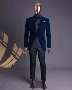 A Midnight Blue, Soaked Velvet Fabric, Knitted, Wide Peak Lapel Tuxedo Suit.