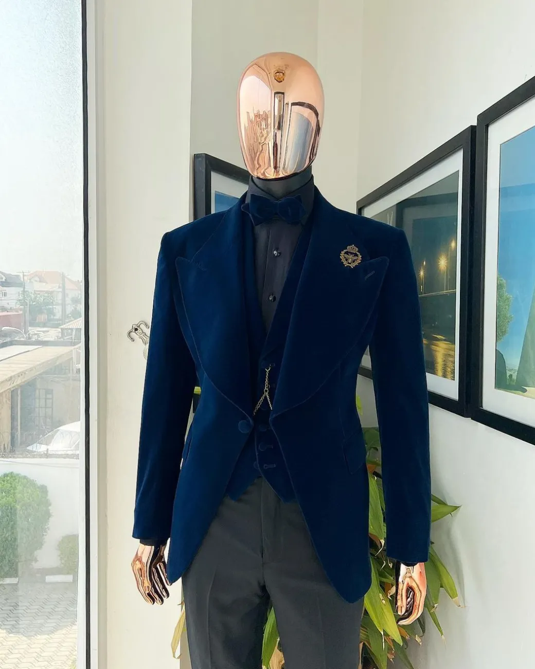 A Midnight Blue, soaked velvet fabric, knitted, wide peak lapel tuxedo suit