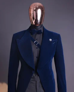 A Midnight Blue, Soaked Velvet Fabric, Knitted, Wide Peak Lapel Tuxedo Suit.
