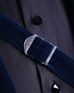 A Midnight Blue, Soaked Velvet Fabric, Knitted, Wide Peak Lapel Tuxedo Suit.