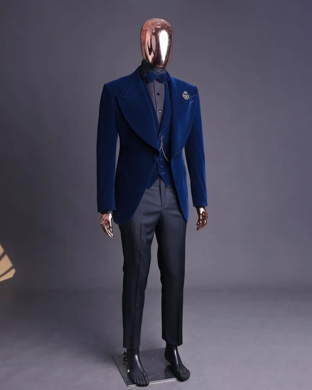 A Midnight Blue, soaked velvet fabric, knitted, wide peak lapel tuxedo suit