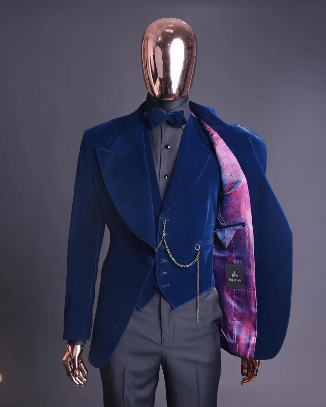 A Midnight Blue, soaked velvet fabric, knitted, wide peak lapel tuxedo suit