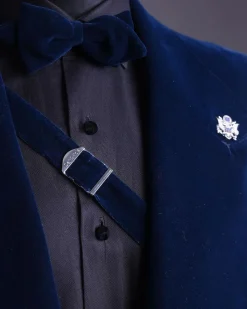 A Midnight Blue, Soaked Velvet Fabric, Knitted, Wide Peak Lapel Tuxedo Suit.